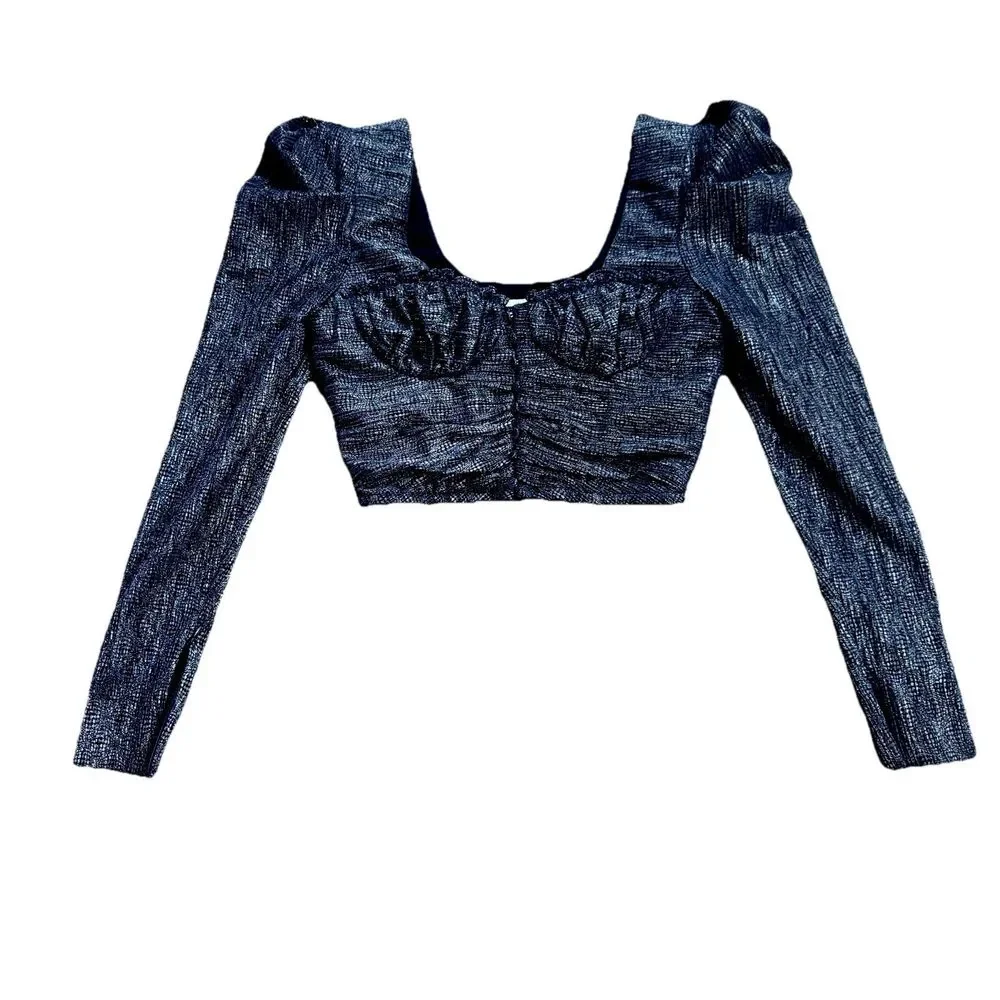 New Jonathan Simkhai Women's Metallic Size 4 Wrap Crop Top Long Sleeves Midnight - Picture 2 of 16